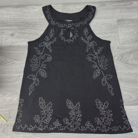 Lauren Michelle Black Top Size L‎ Embroidered Floral Swirl Keyhole Boat Neckline - Picture 8 of 13